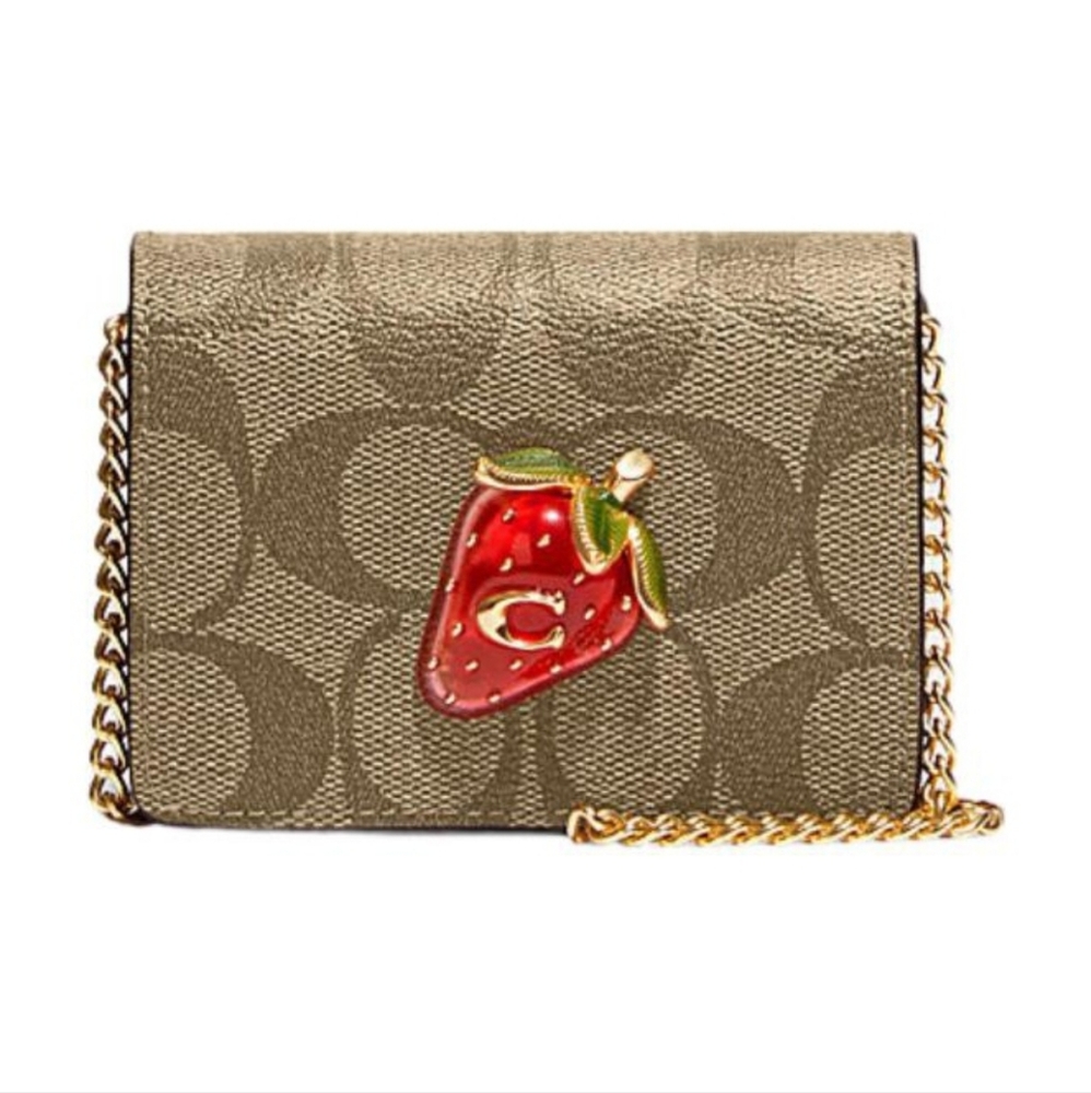 Coach Signature Mini Crossbody with Red Strawberry Accent and Gold Chain